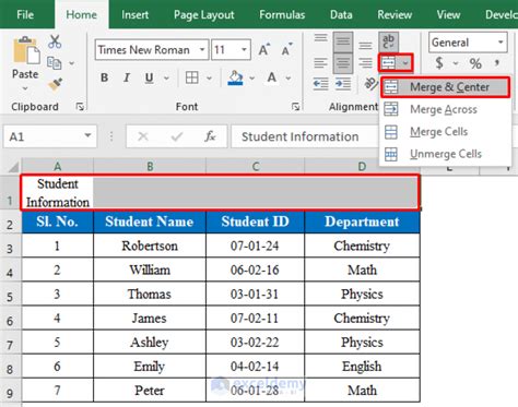 how to make row 1 a title in excel