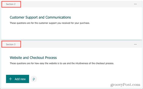 how to make sections in microsoft forms