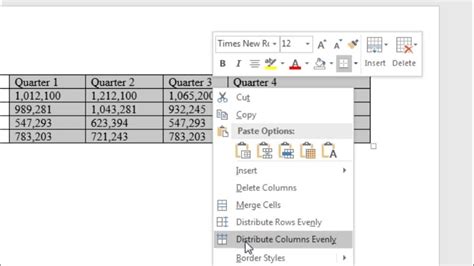 how to make table columns the same size in word