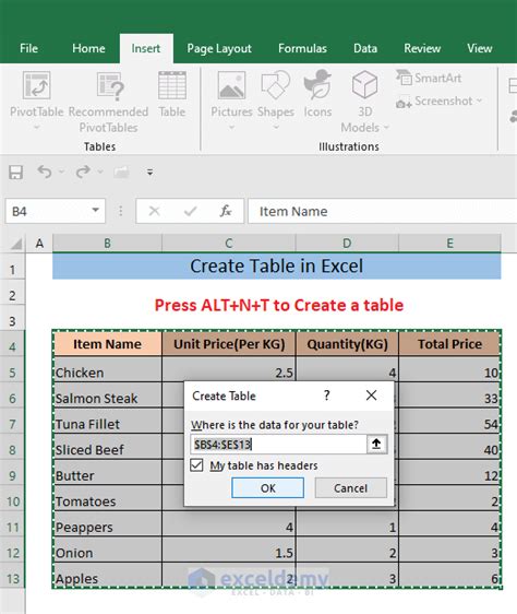 how to make table in excel shortcut