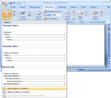 how to make table of contents in ms word 2007