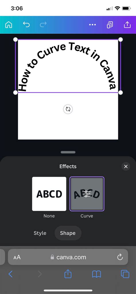 how to make text curve in canva mobile