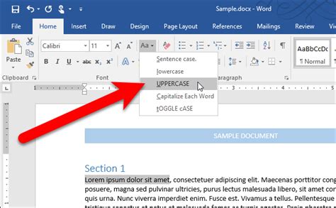 how to make uppercase text lowercase in word