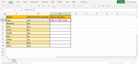 how to make yes 1 and no 0 in excel formula