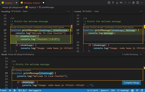 how to merge code in visual studio
