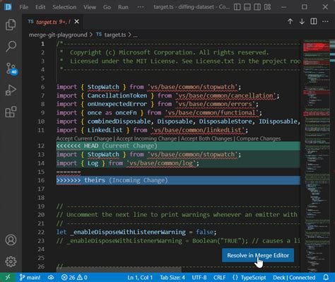 how to merge code in visual studio code
