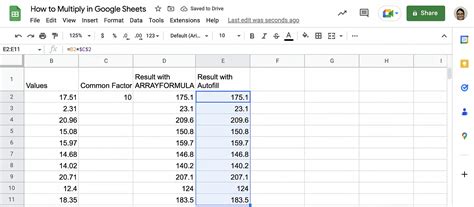 how to multiply on google sheets formula