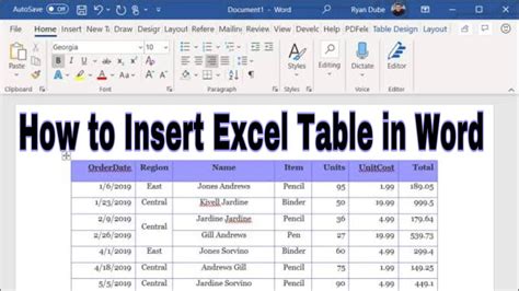 how to place excel table in word