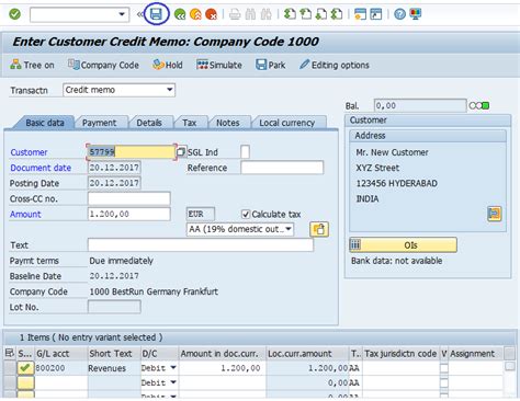 how to post credit note in sap