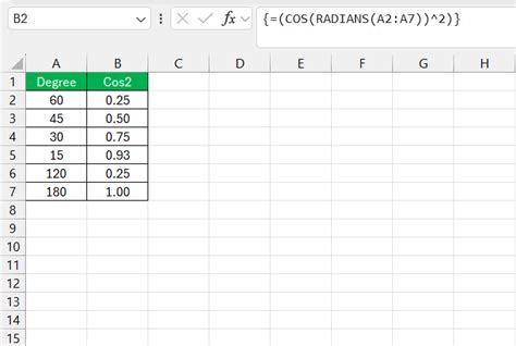how to put cos 2 in excel