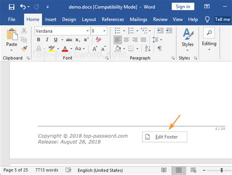 how to put document name in footer word