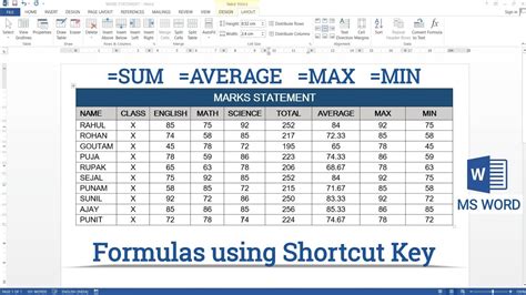how to put formula in ms word table