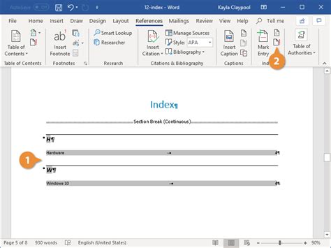 how to put index in word