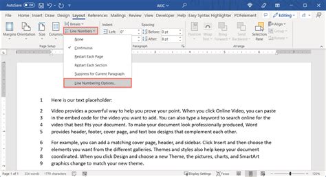 how to put line numbers in ms word