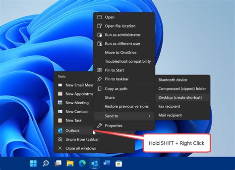 how to put outlook shortcut on desktop windows 11