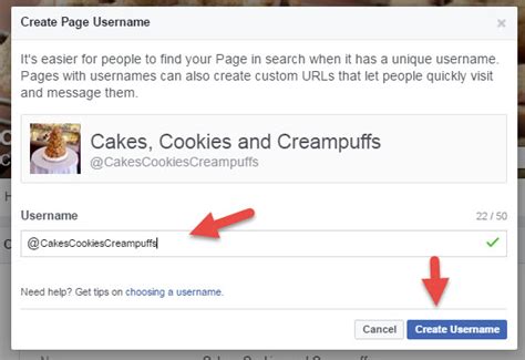 how to put username on facebook page