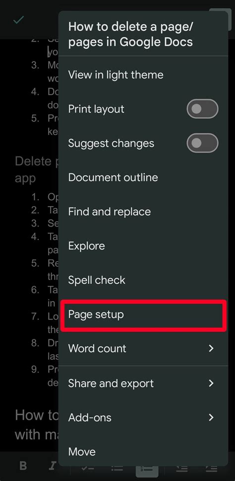 how to remove a page in google docs mobile
