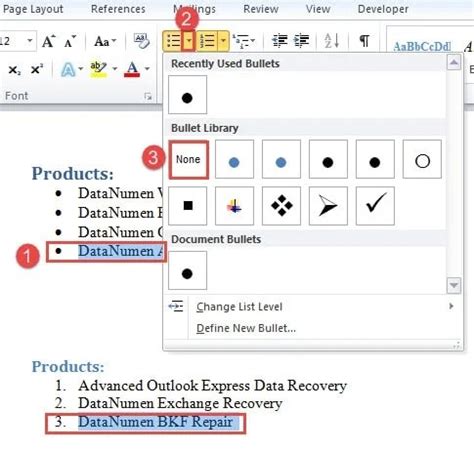how to remove all bullets in word