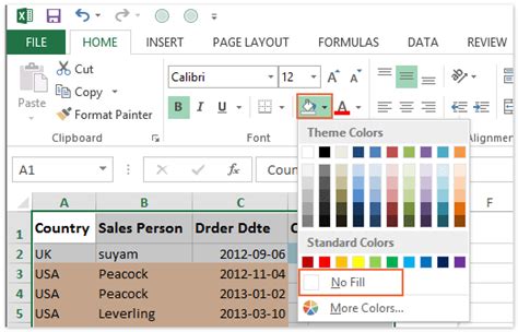 how to remove cell color in excel