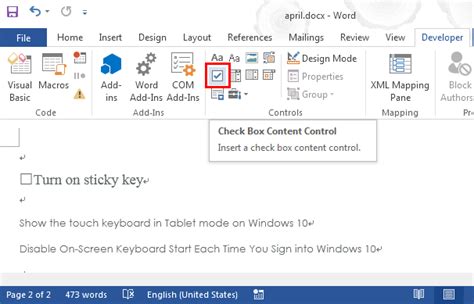how to remove check box in word