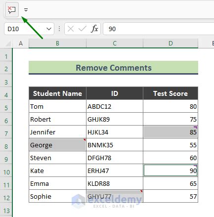 how to remove comments in excel shortcut