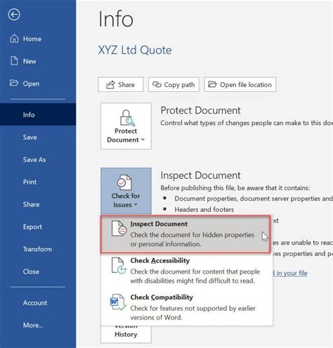 how to remove document properties in word on mac