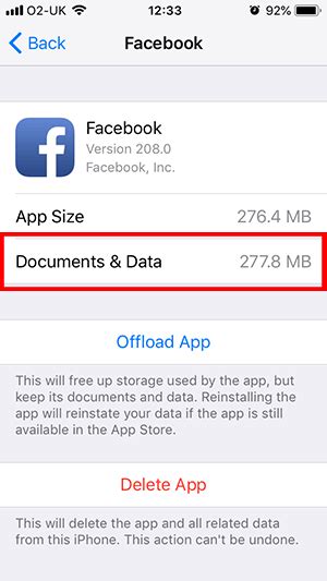 how to remove documents and data from facebook app in iphone