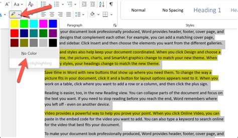 how to remove highlight on a word document
