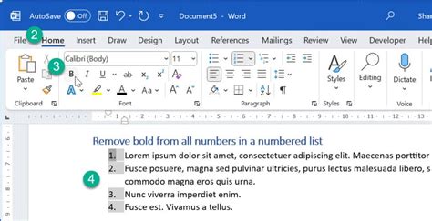 how to remove numbered list in word