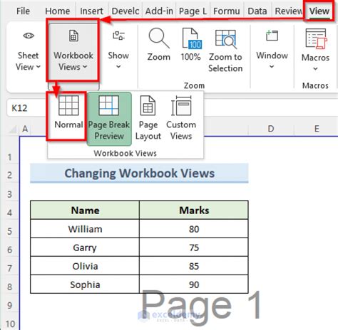 how to remove page 1 in excel