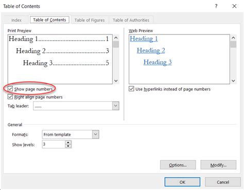 how to remove page numbers in word table of contents