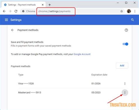how to remove payment method in chrome