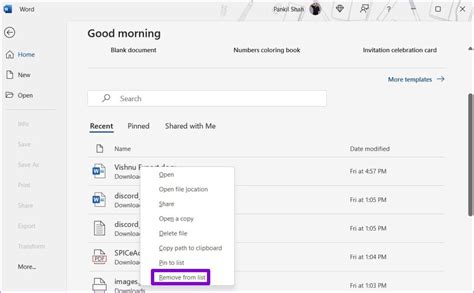 how to remove recent document list from microsoft word