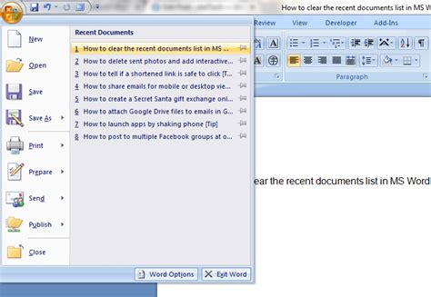 how to remove recent documents in word 2007