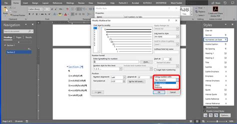 how to remove tab after numbering word