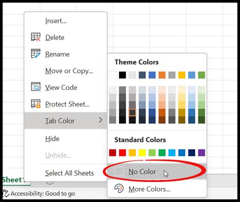 how to remove tab color in excel