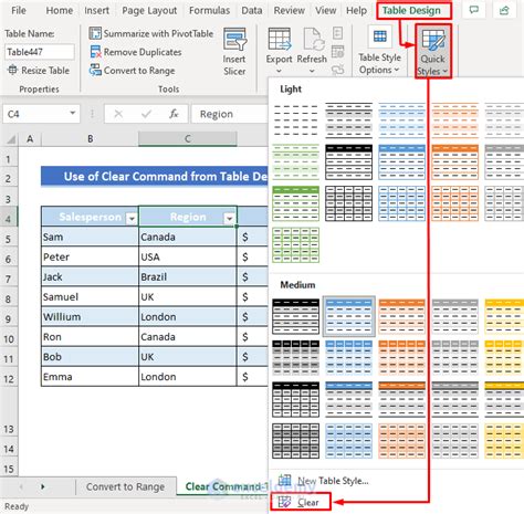 how to remove table design tab in excel