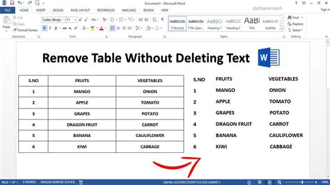 how to remove table format in word without deleting text