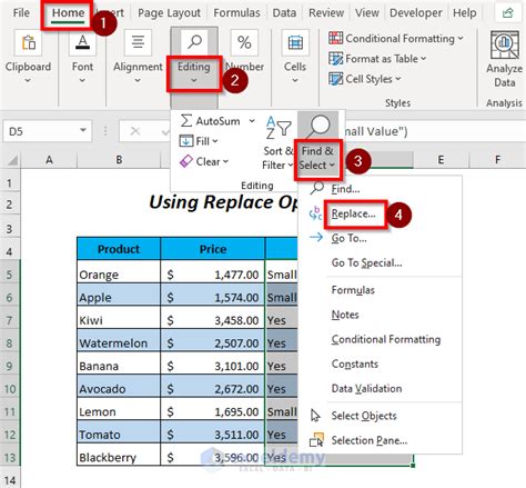 how to replace words in excel using formula shortcut