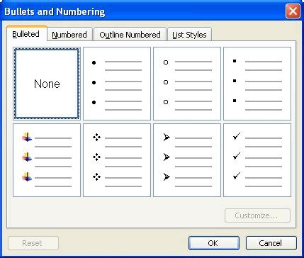 how to reset bullets in word