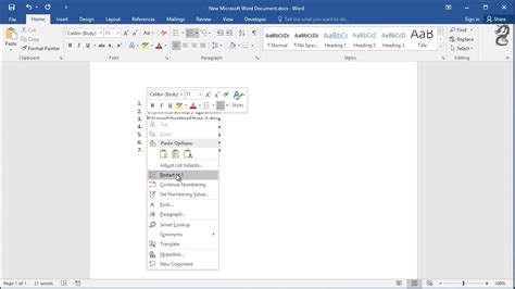 how to reset numbers in word