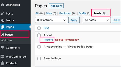 how to restore page in wordpress