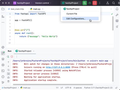 how to run fastapi project in pycharm