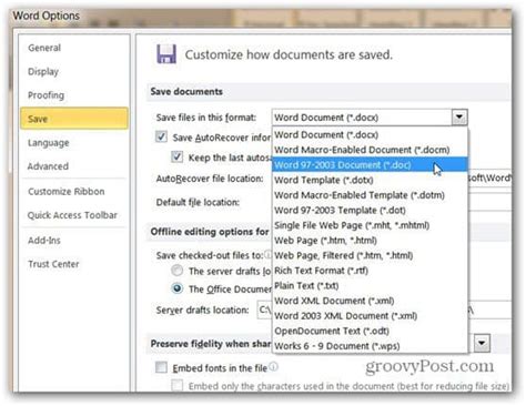 how to save a document in word 97 2003 format