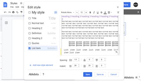 how to save a style in google docs