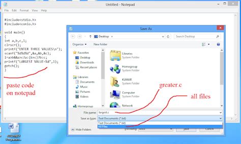 how to save c program in notepad