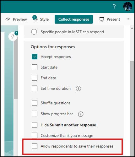 how to save my response in microsoft forms