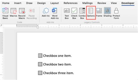 how to select checkbox in word document