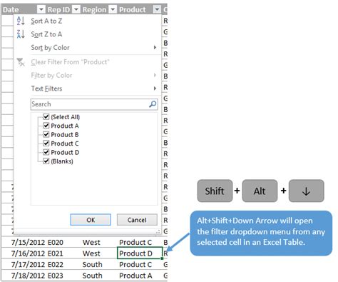 how to select filter in excel with keyboard