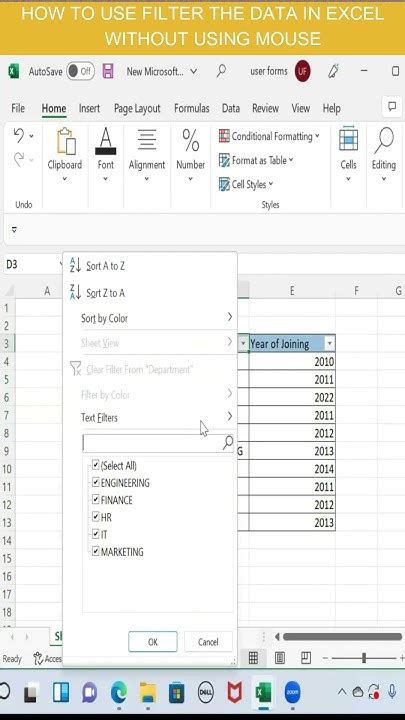 how to select filter in excel without using mouse